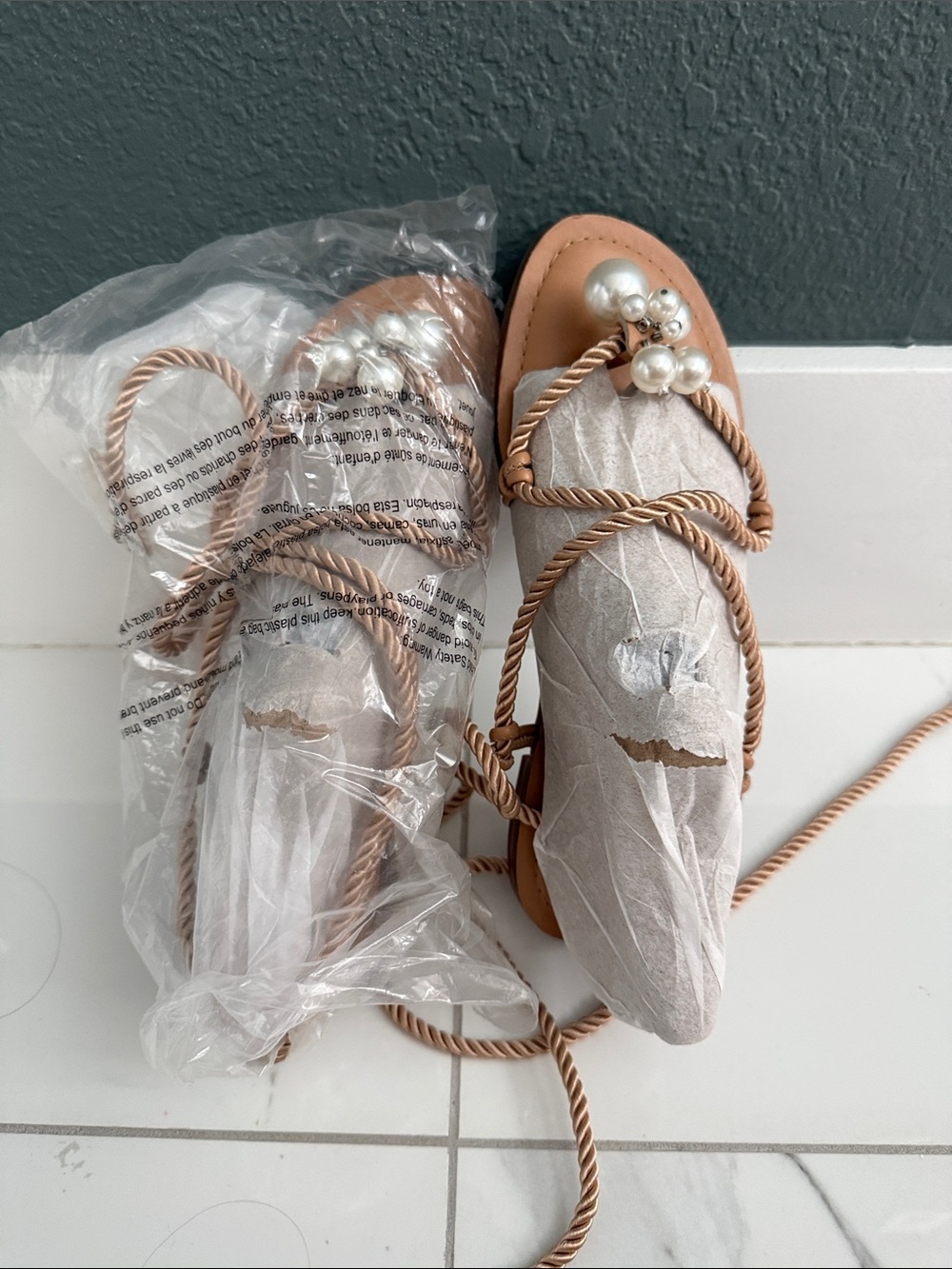 INC International Concepts Tan Rope Pearl-Embellished Sandals